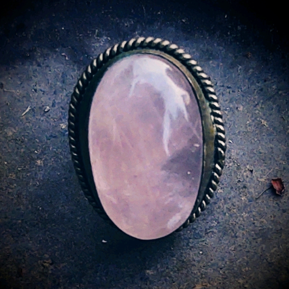 Vintage Oversized Rose Quartz Adjustable Brass Ring